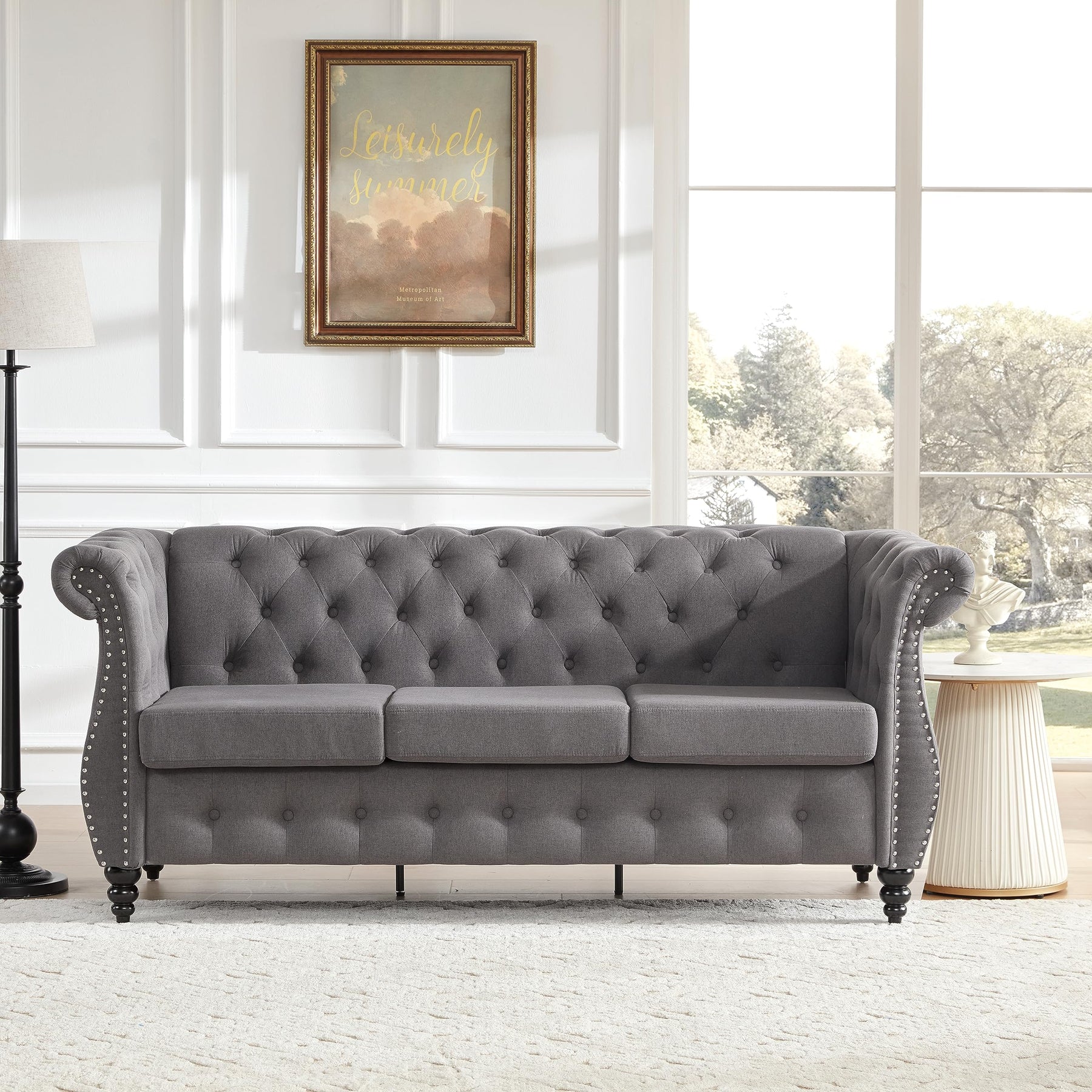 Tbfit Chesterfield 2 Piece Living Room Sectional Sofa Set with Rolled Arms, Classic Button Tufted Sofa with Nailhead Trim, Upholstered Chesterfield Couch with Gourd Wooden Legs, Bedroom, Grey