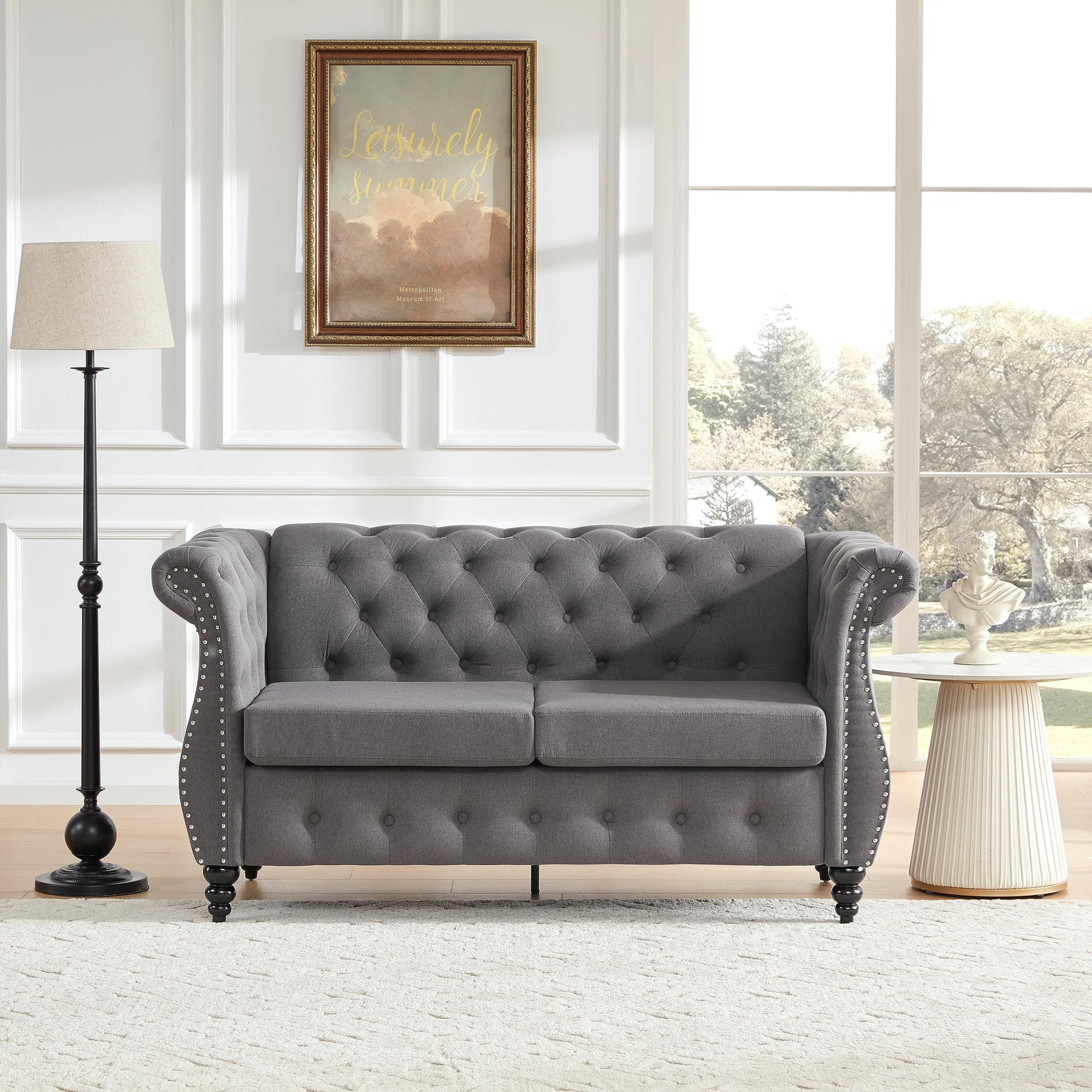 Tbfit Chesterfield 2 Piece Living Room Sectional Sofa Set with Rolled Arms, Classic Button Tufted Sofa with Nailhead Trim, Upholstered Chesterfield Couch with Gourd Wooden Legs, Bedroom, Grey