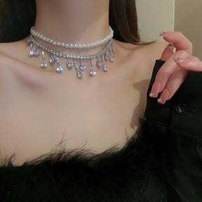 Luxury Pearl Tassel Crystal Necklace