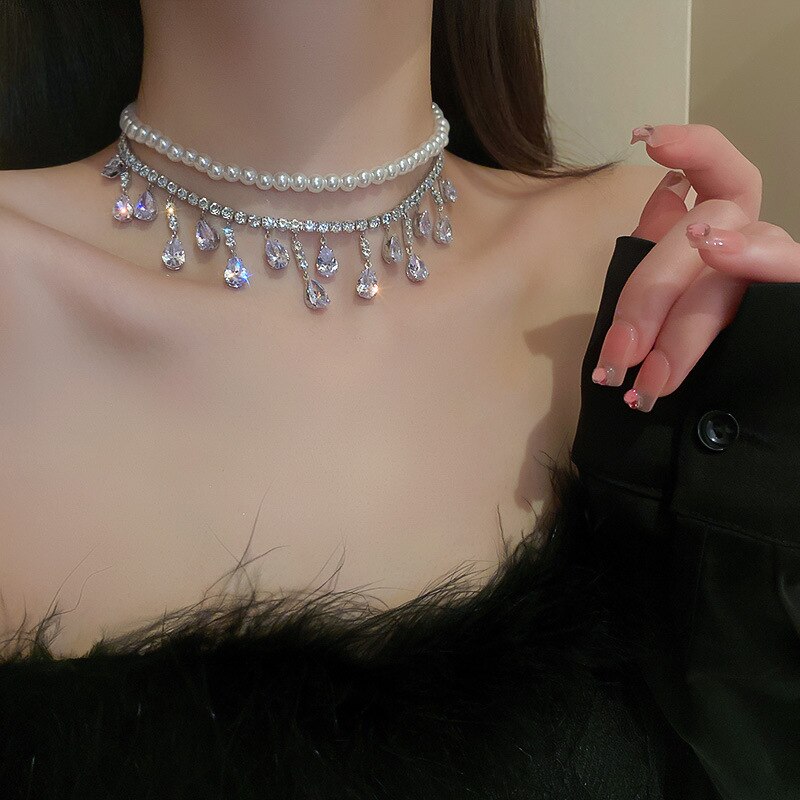 Luxury Pearl Tassel Crystal Necklace