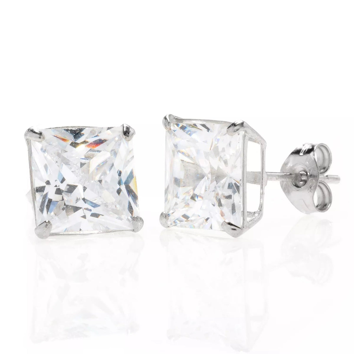 14K White Gold Square Basket Setting Simulated Diamond Stud Earrings