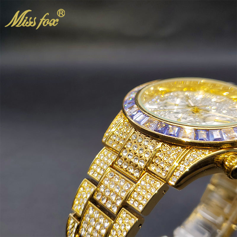 Luxury Gold Men's Watch Waterproof Stainless Steel Iced Bracelet