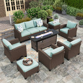 HERA'S HOUSE 8 Pieces Wicker Patio Furniture Set with Fire Pit Table, 4 x Single Chair, 2 Ottoman, 3-Seat Sofa 56" Outdoor Conversation for Garden, Poolside, Backyard, Blue