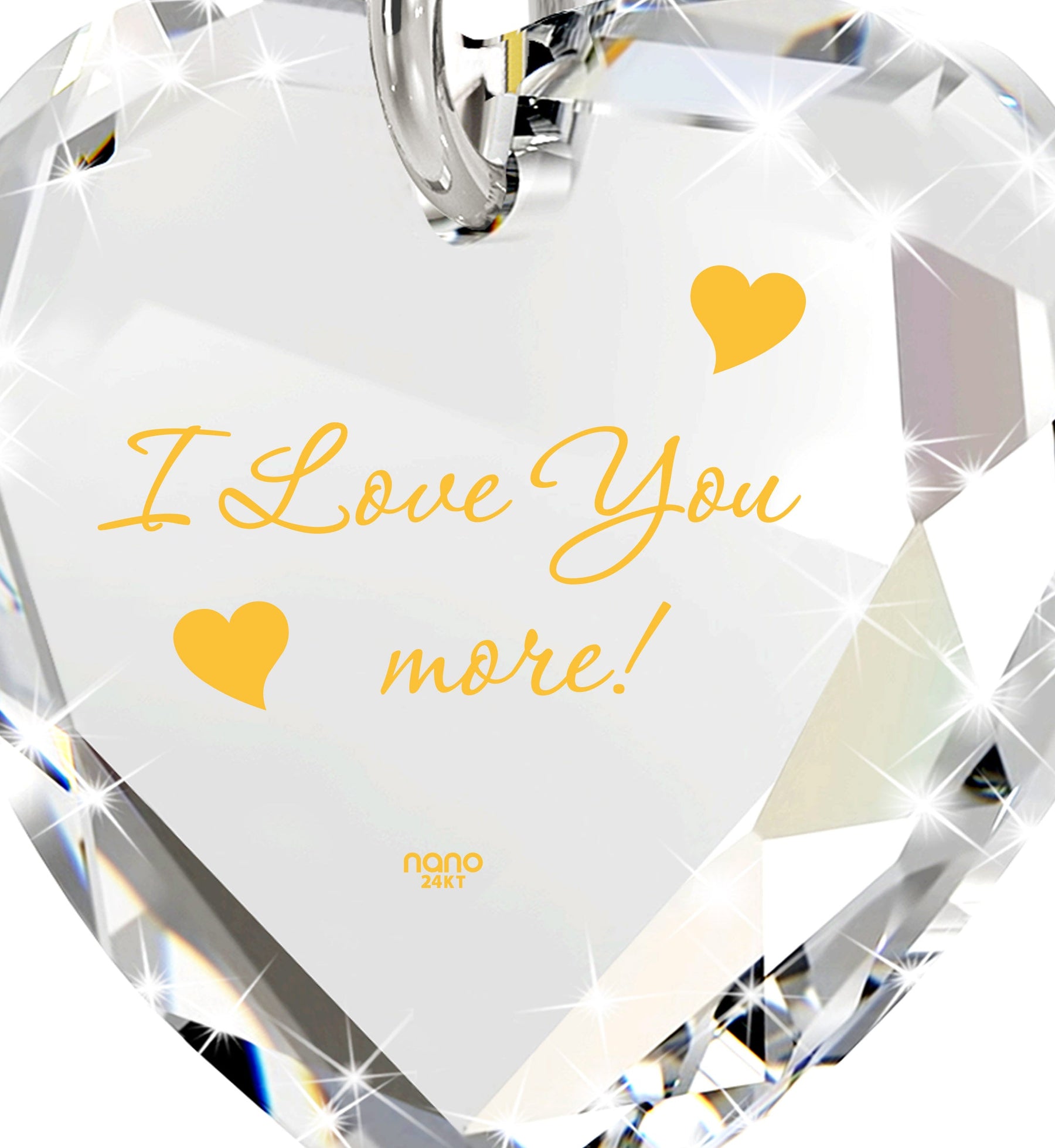 I Love You More Necklace 24k Gold Inscribed Tiny Crystal Swarovski Heart Pendant