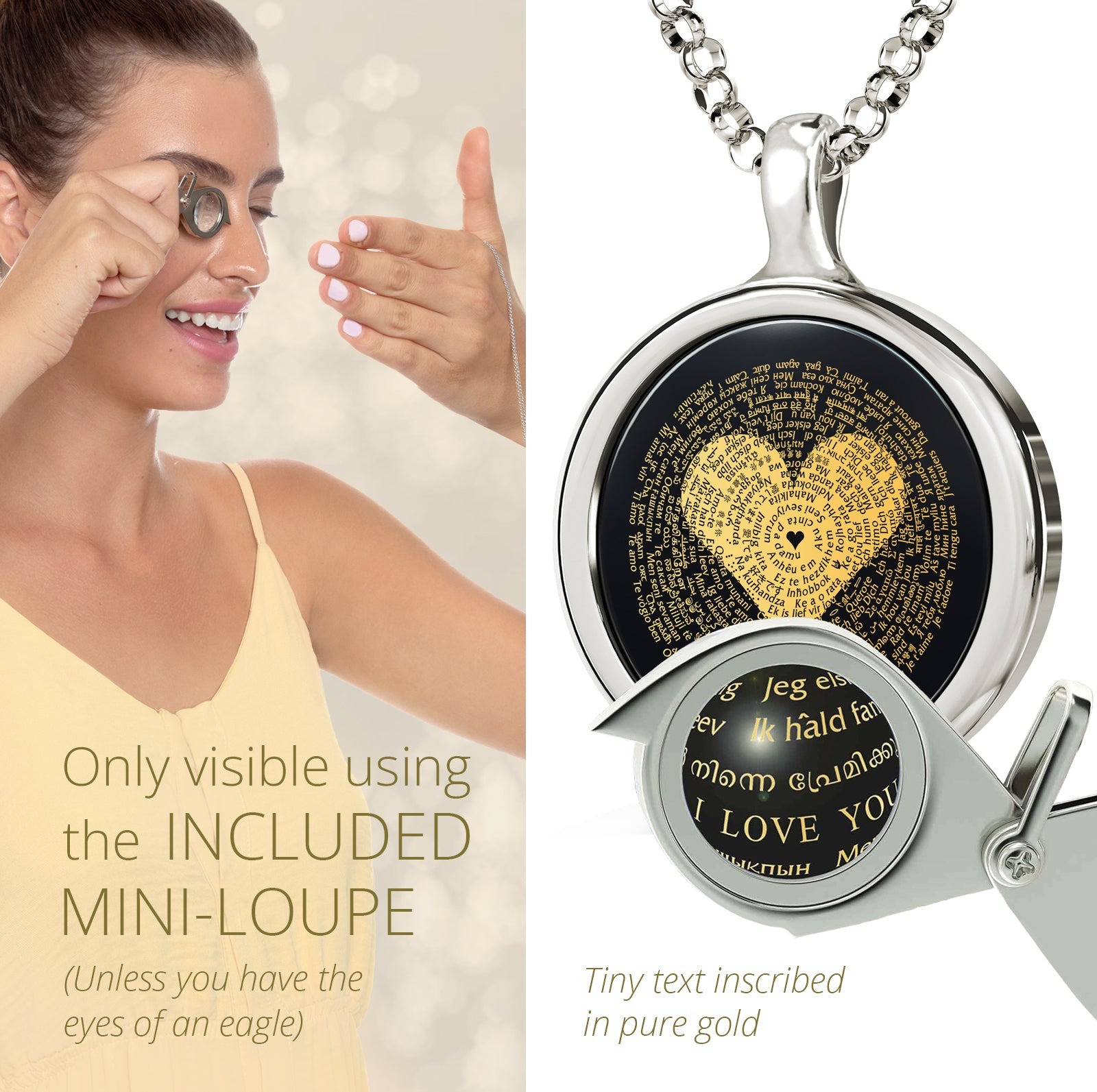 I Love You Necklace Inscribed in 120 Languages with 24k Gold on Onyx and Crystal Heart Earrings Jewelry Set