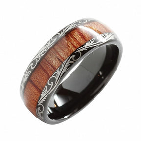 Black Leaf Motif Koa Wood Tungsten Ring