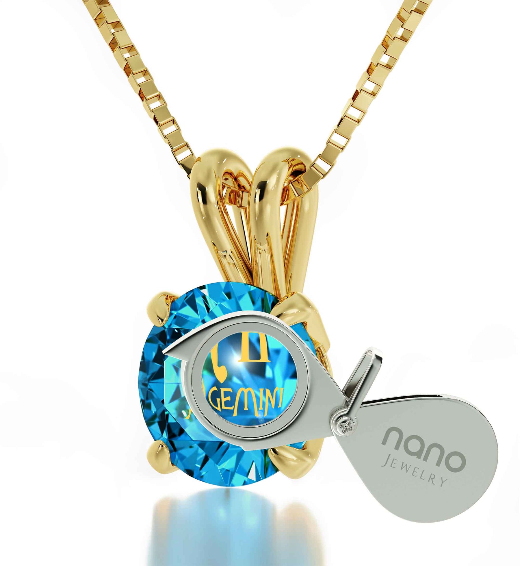 Gold Plated Silver Gemini Necklace Zodiac Pendant 24k Gold Inscribed on Crystal