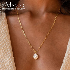 Rectangle Link Chain Pearl Necklace