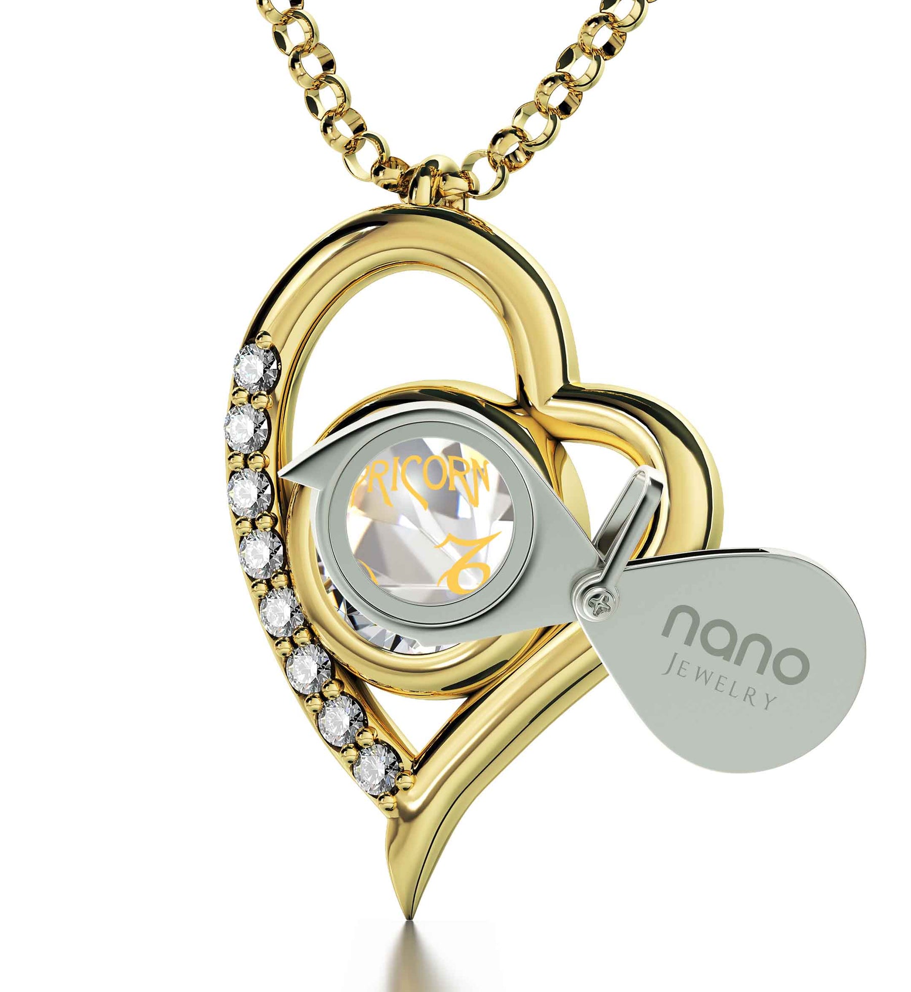 Gold Plated Silver Capricorn Necklace Zodiac Heart Pendant 24k Gold inscribed on Crystal