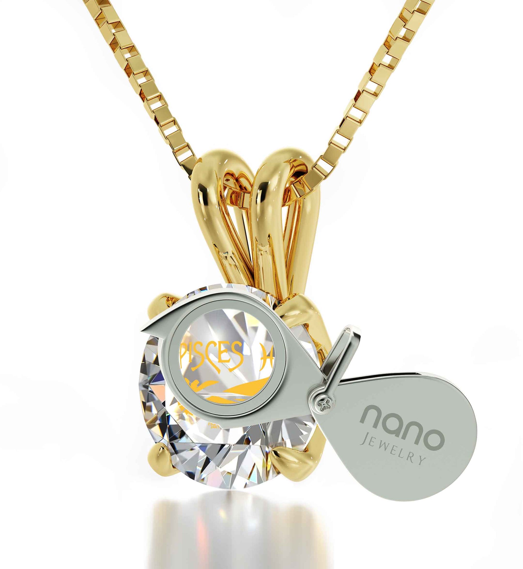 Gold Plated Silver Pisces Necklace Zodiac Pendant 24k Gold Inscribed on Crystal