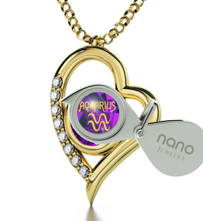 Gold Plated Silver Zodiac Heart Pendant Aquarius Necklace 24k Gold inscribed on Crystal