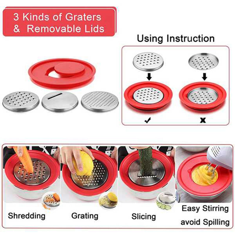 HOT-Mixing Bowls,Stainless Steel Non Slip Mixing Bowls,with Airtight Lids and Grater,Measurement Marks,for Salad Mixer,Etc