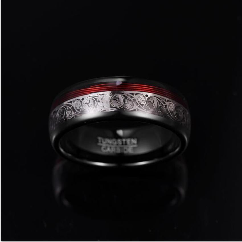 Spiral Motif and Red Guitar String Tungsten Ring